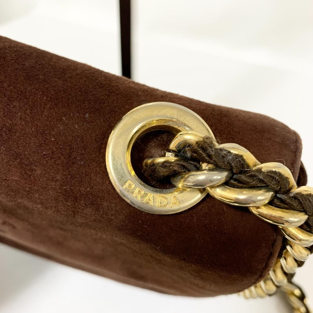 PRADA Shoulder Bag Purse Chain Suede Brown Authentic