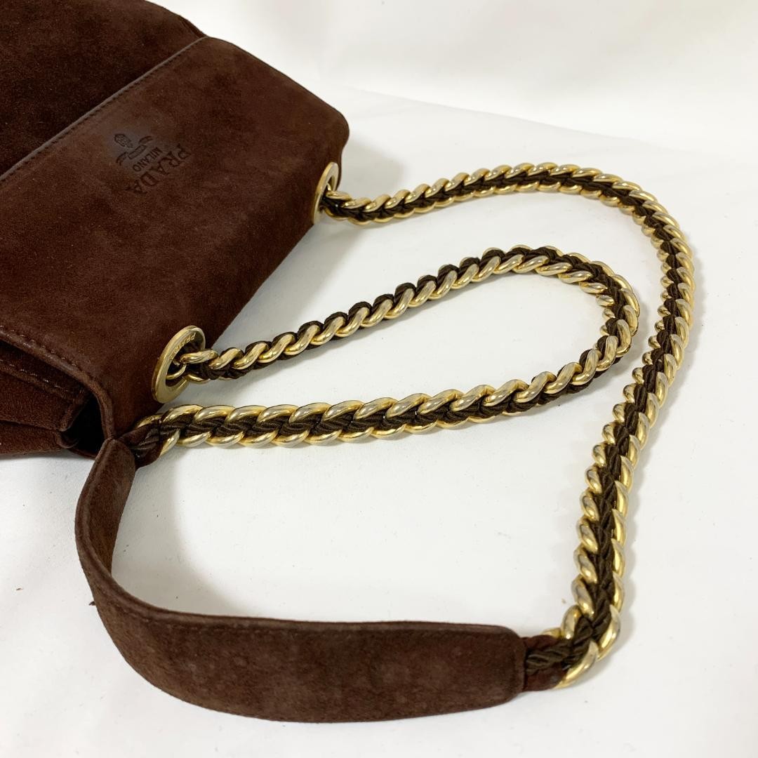 PRADA Shoulder Bag Purse Chain Suede Brown Authentic
