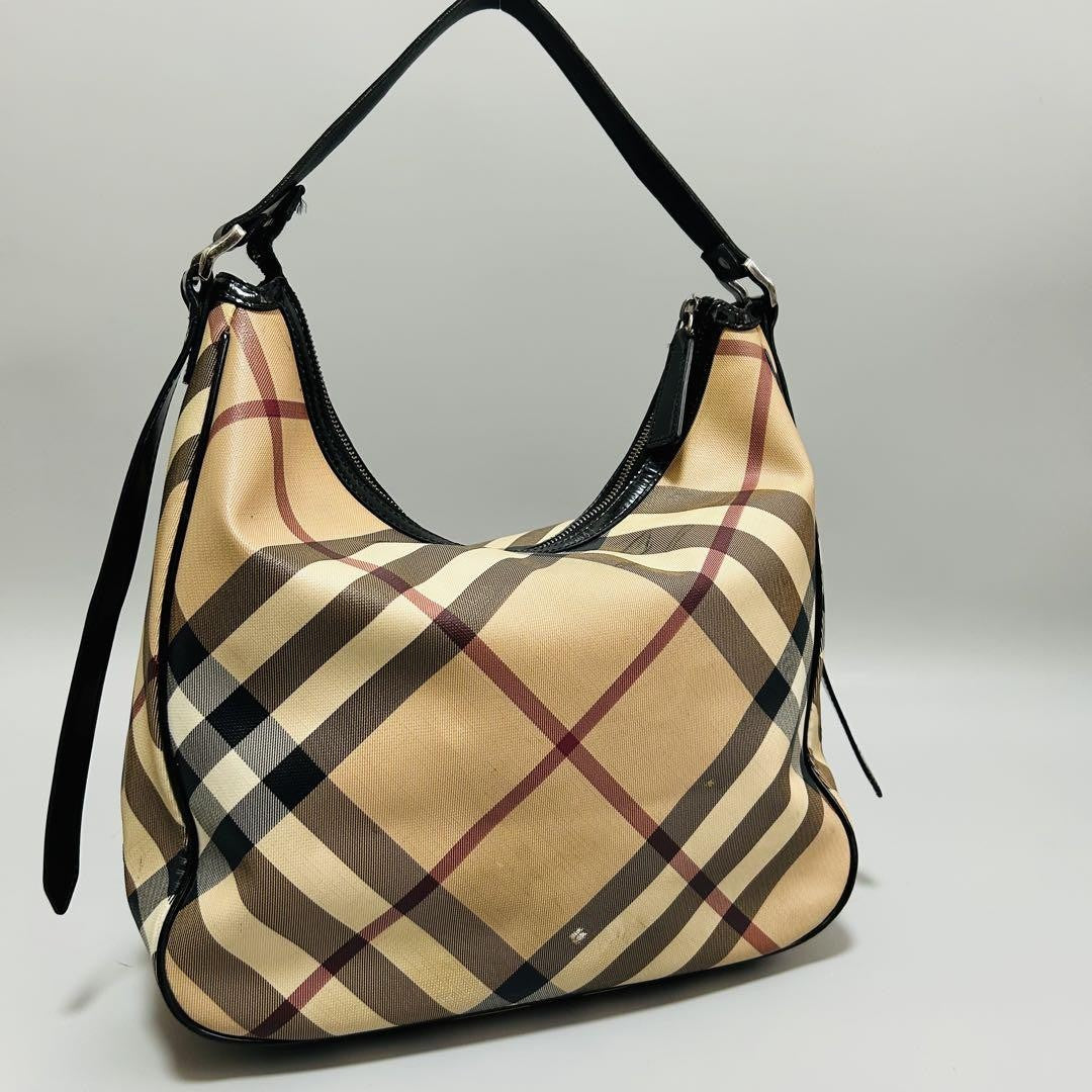 BURBERRY Hand Shoulder Bag Tote Purse Nova Check PVC Leather Beige Black Auth