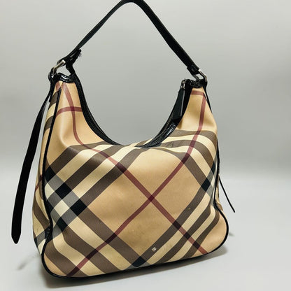 BURBERRY Hand Shoulder Bag Tote Purse Nova Check PVC Leather Beige Black Auth