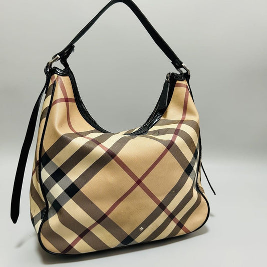 BURBERRY Hand Shoulder Bag Tote Purse Nova Check PVC Leather Beige Black Auth