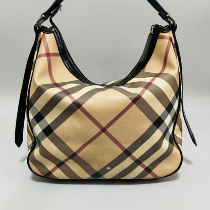 BURBERRY Hand Shoulder Bag Tote Purse Nova Check PVC Leather Beige Black Auth