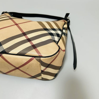 BURBERRY Hand Shoulder Bag Tote Purse Nova Check PVC Leather Beige Black Auth