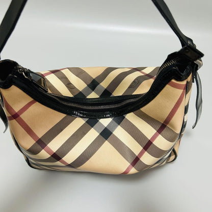 BURBERRY Hand Shoulder Bag Tote Purse Nova Check PVC Leather Beige Black Auth