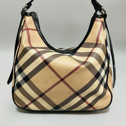 BURBERRY Hand Shoulder Bag Tote Purse Nova Check PVC Leather Beige Black Auth