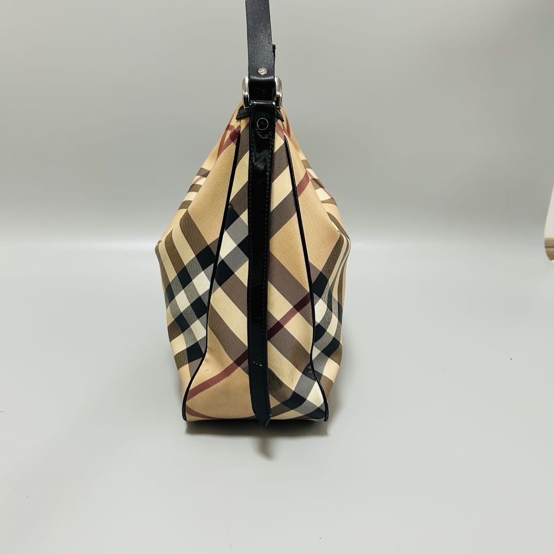 BURBERRY Hand Shoulder Bag Tote Purse Nova Check PVC Leather Beige Black Auth