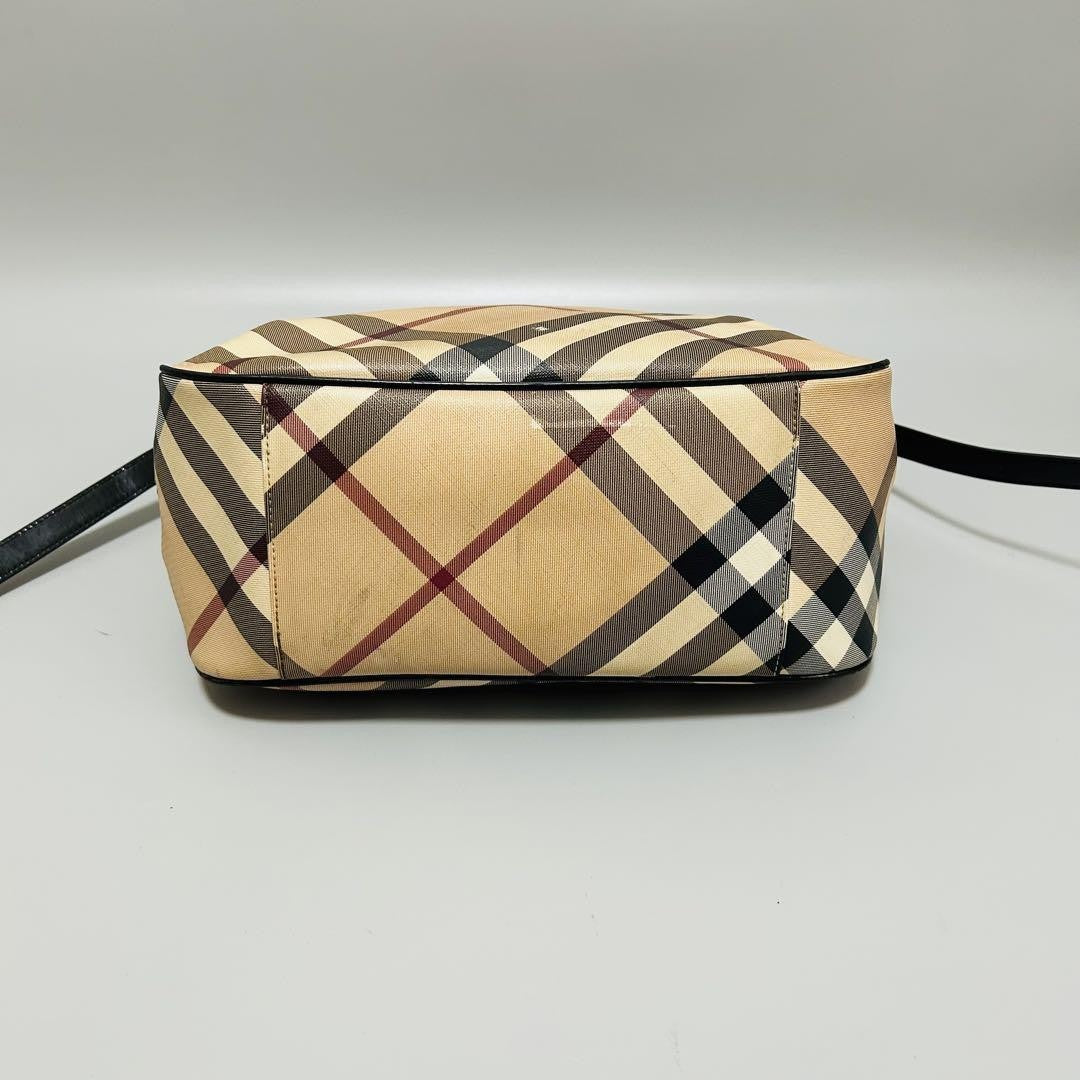 BURBERRY Hand Shoulder Bag Tote Purse Nova Check PVC Leather Beige Black Auth