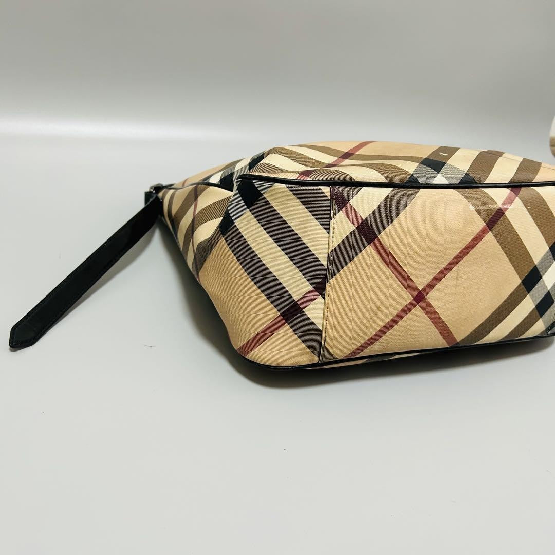 BURBERRY Hand Shoulder Bag Tote Purse Nova Check PVC Leather Beige Black Auth