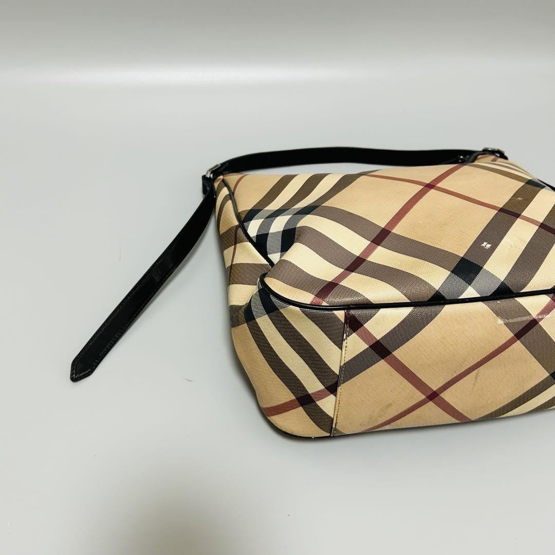 BURBERRY Hand Shoulder Bag Tote Purse Nova Check PVC Leather Beige Black Auth