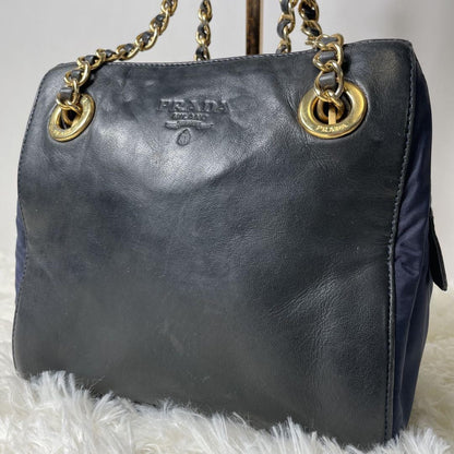 PRADA Hand Shoulder Bag Tote Purse Chain Nylon Leather Black Navy Authentic