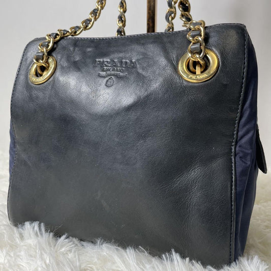 PRADA Hand Shoulder Bag Tote Purse Chain Nylon Leather Black Navy Authentic