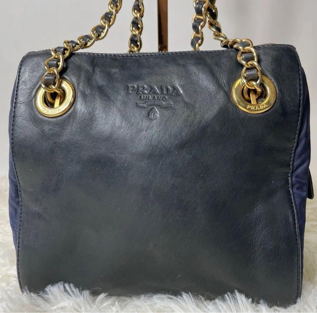 PRADA Hand Shoulder Bag Tote Purse Chain Nylon Leather Black Navy Authentic
