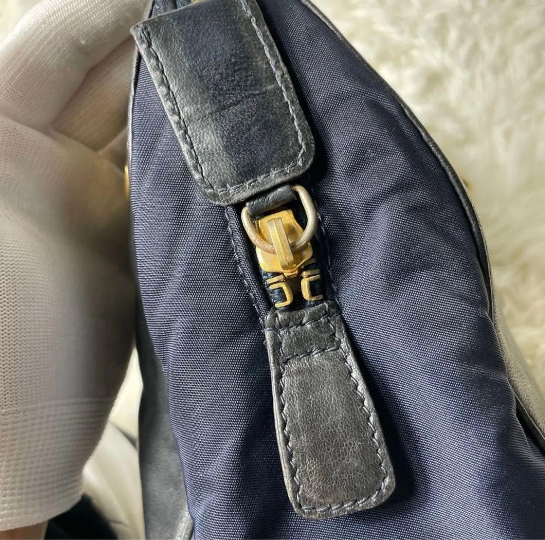 PRADA Hand Shoulder Bag Tote Purse Chain Nylon Leather Black Navy Authentic