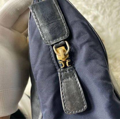PRADA Hand Shoulder Bag Tote Purse Chain Nylon Leather Black Navy Authentic