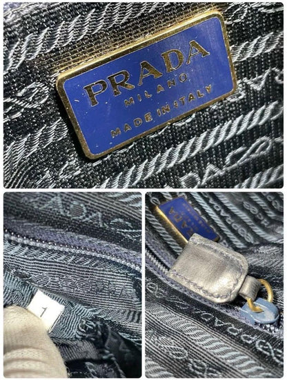 PRADA Hand Shoulder Bag Tote Purse Chain Nylon Leather Black Navy Authentic