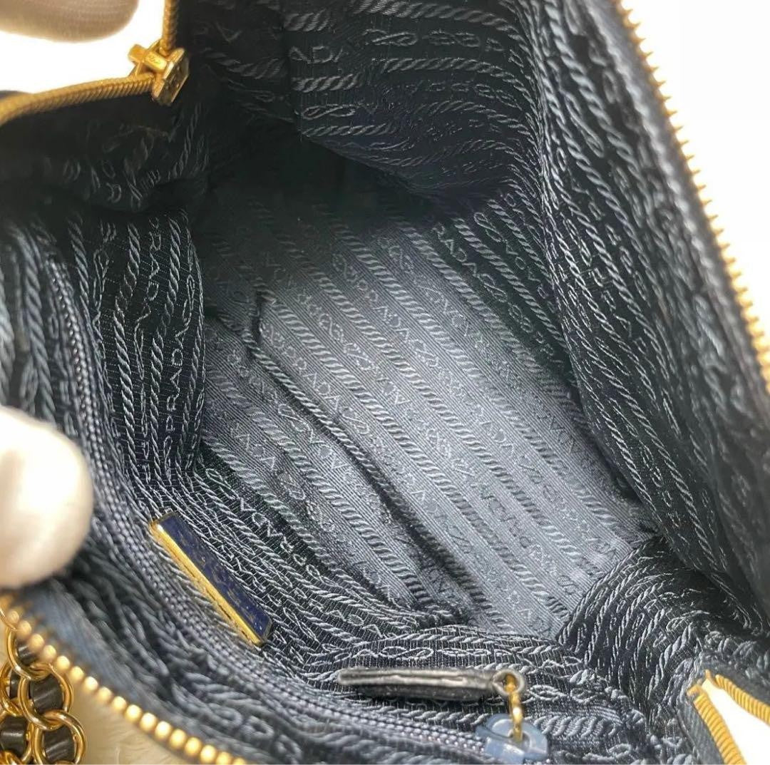 PRADA Hand Shoulder Bag Tote Purse Chain Nylon Leather Black Navy Authentic