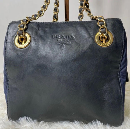 PRADA Hand Shoulder Bag Tote Purse Chain Nylon Leather Black Navy Authentic