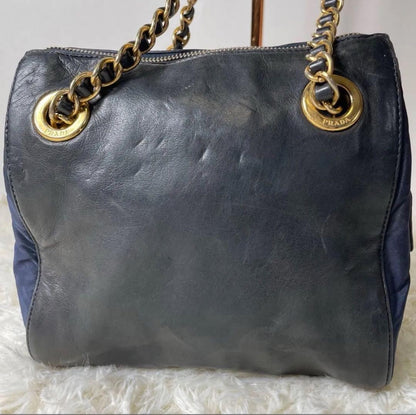 PRADA Hand Shoulder Bag Tote Purse Chain Nylon Leather Black Navy Authentic