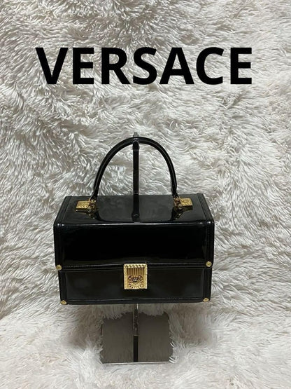 VERSACE Vanity Hand Bag Tote Purse Sunburst Black Authentic