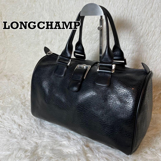 Longchamp Mini Boston Bag Hand Bag Tote Purse Leather Black Authentic
