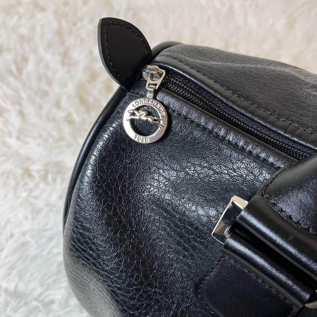 Longchamp Mini Boston Bag Hand Bag Tote Purse Leather Black Authentic