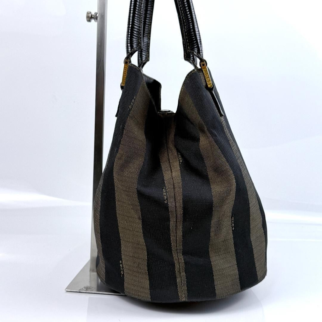 FENDI Hand Bag Tote Purse Pecan Canvas Leather Black Brown Authentic