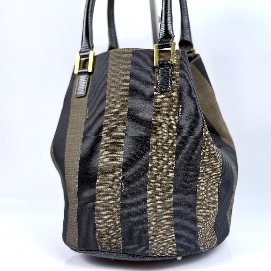 FENDI Hand Bag Tote Purse Pecan Canvas Leather Black Brown Authentic