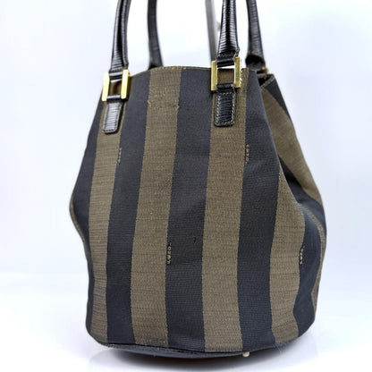 FENDI Hand Bag Tote Purse Pecan Canvas Leather Black Brown Authentic