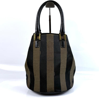 FENDI Hand Bag Tote Purse Pecan Canvas Leather Black Brown Authentic