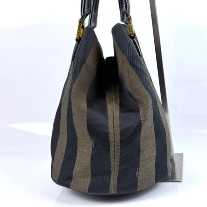 FENDI Hand Bag Tote Purse Pecan Canvas Leather Black Brown Authentic