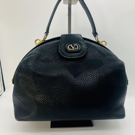 Valentino Garavani Hand Bag Tote Purse Logo Leather Black Authentic
