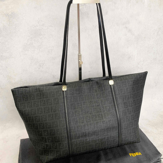FENDI Hand Bag Tote Bag Purse FF Zucchino Leather PVC Black Authentic
