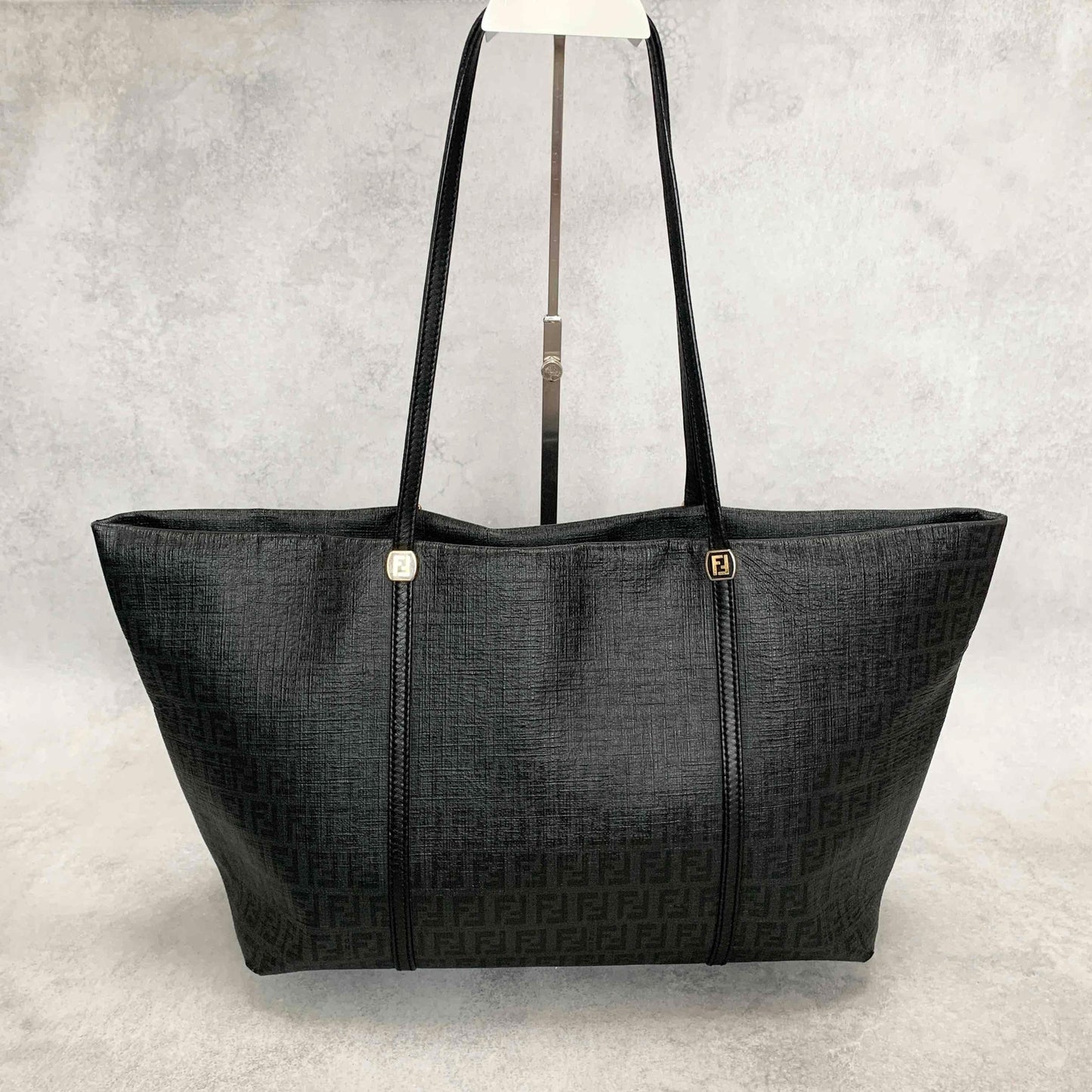 FENDI Hand Bag Tote Bag Purse FF Zucchino Leather PVC Black Authentic