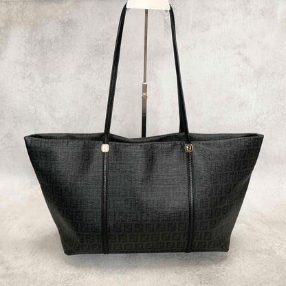 FENDI Hand Bag Tote Bag Purse FF Zucchino Leather PVC Black Authentic