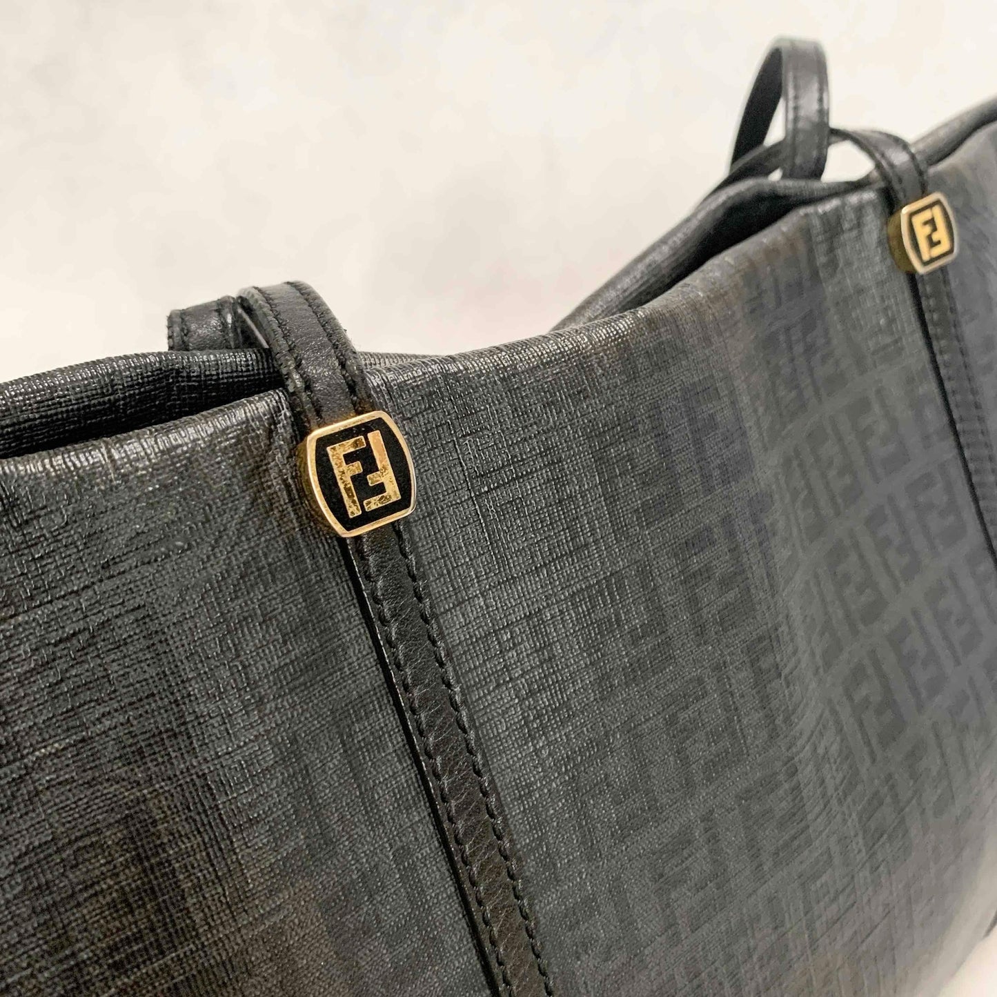 FENDI Hand Bag Tote Bag Purse FF Zucchino Leather PVC Black Authentic