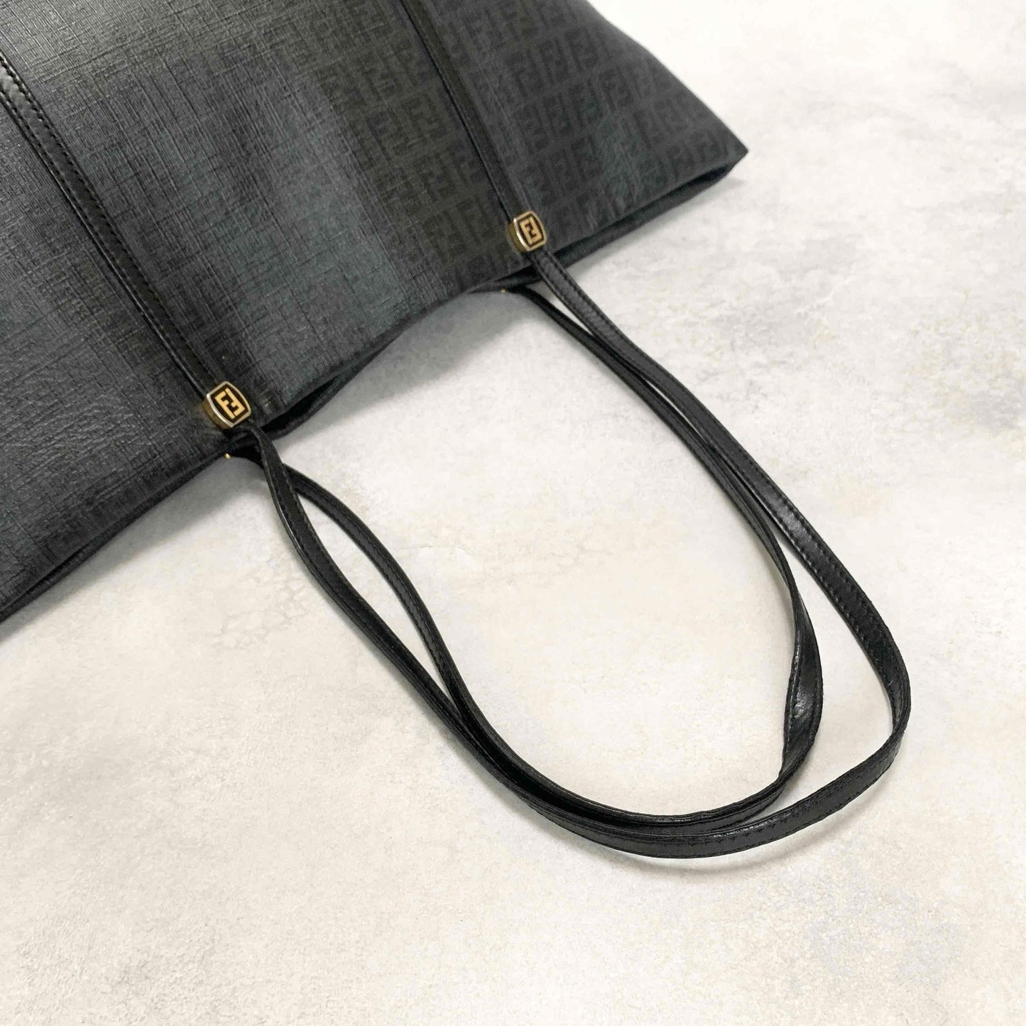 FENDI Hand Bag Tote Bag Purse FF Zucchino Leather PVC Black Authentic