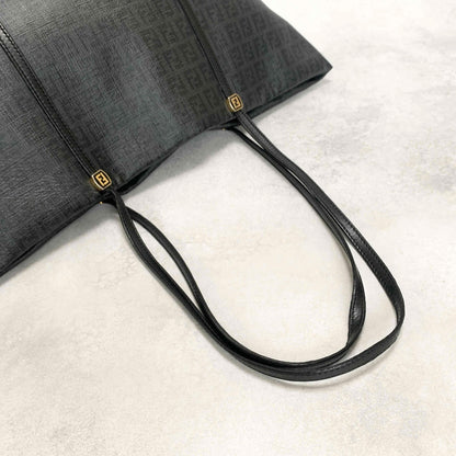 FENDI Hand Bag Tote Bag Purse FF Zucchino Leather PVC Black Authentic