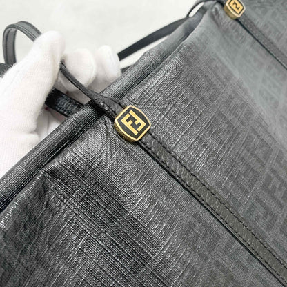 FENDI Hand Bag Tote Bag Purse FF Zucchino Leather PVC Black Authentic