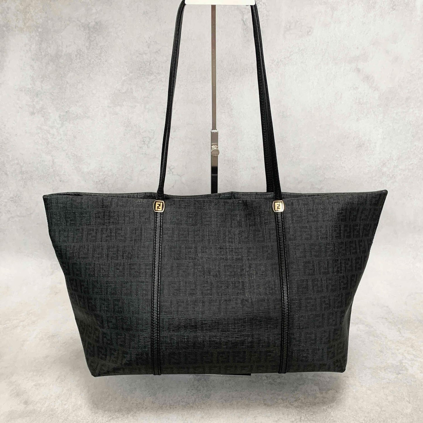 FENDI Hand Bag Tote Bag Purse FF Zucchino Leather PVC Black Authentic