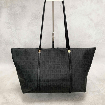 FENDI Hand Bag Tote Bag Purse FF Zucchino Leather PVC Black Authentic