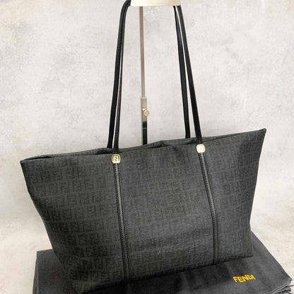 FENDI Hand Bag Tote Bag Purse FF Zucchino Leather PVC Black Authentic