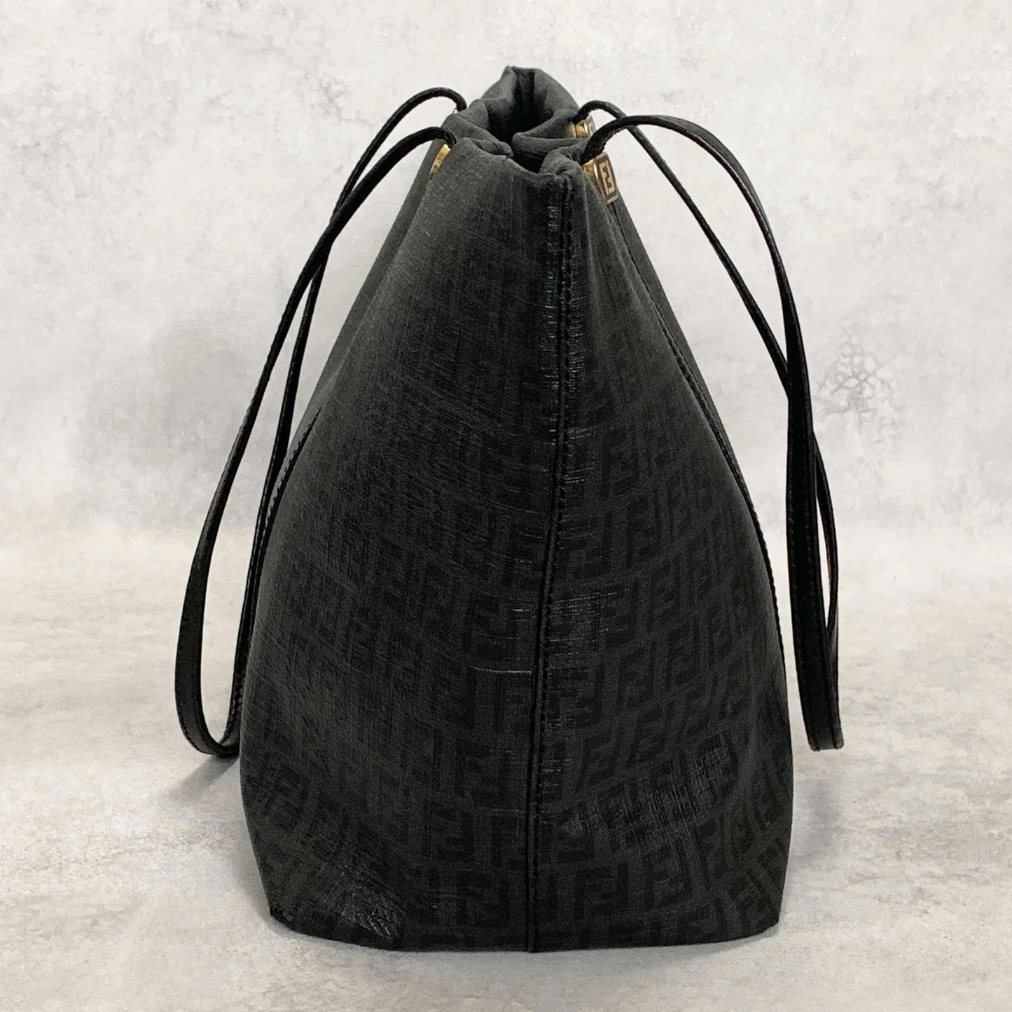 FENDI Hand Bag Tote Bag Purse FF Zucchino Leather PVC Black Authentic