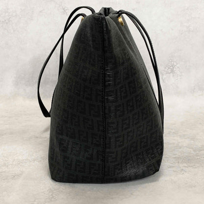 FENDI Hand Bag Tote Bag Purse FF Zucchino Leather PVC Black Authentic