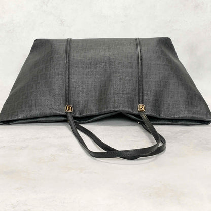 FENDI Hand Bag Tote Bag Purse FF Zucchino Leather PVC Black Authentic