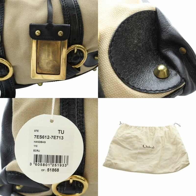 Chloe Hand Bag Tote Purse Canvas Leather Beige Black Authentic