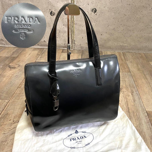 PRADA Hand Bag Tote Purse Mini Boston Patent Leather Black Authentic
