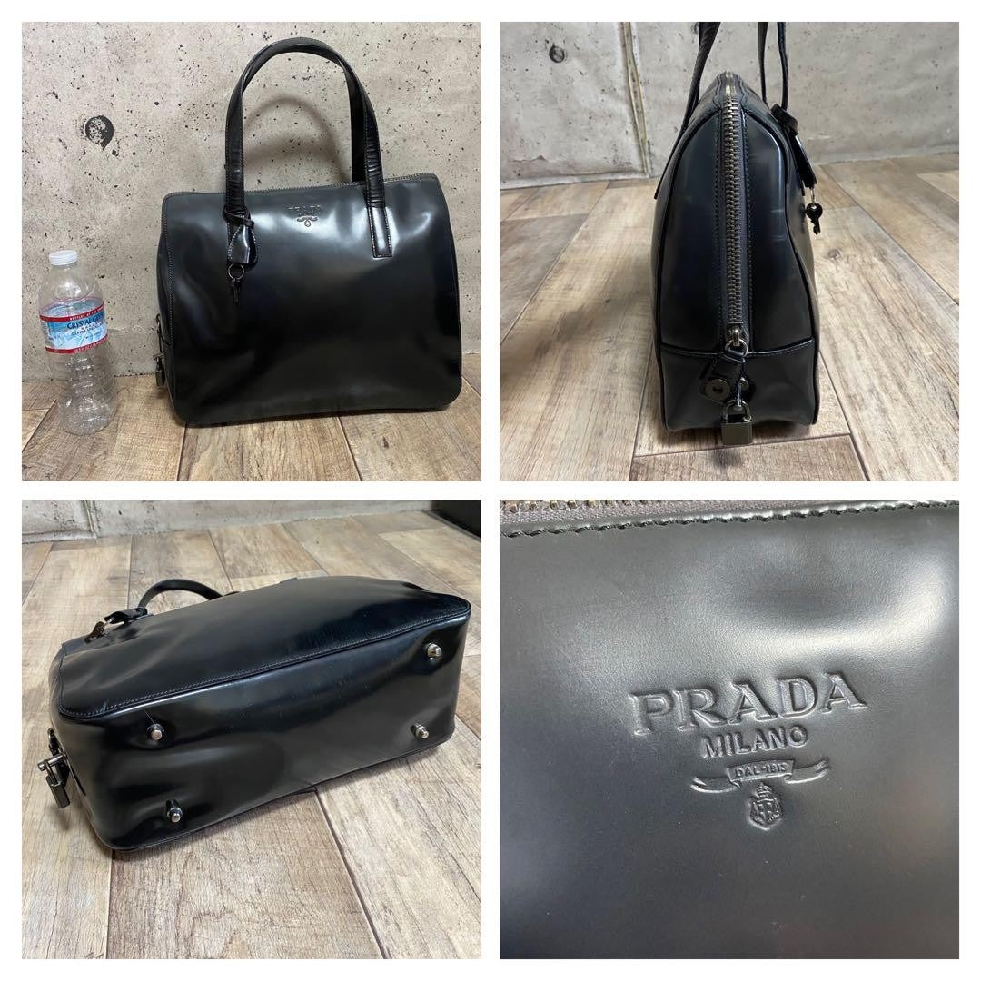 PRADA Hand Bag Tote Purse Mini Boston Patent Leather Black Authentic