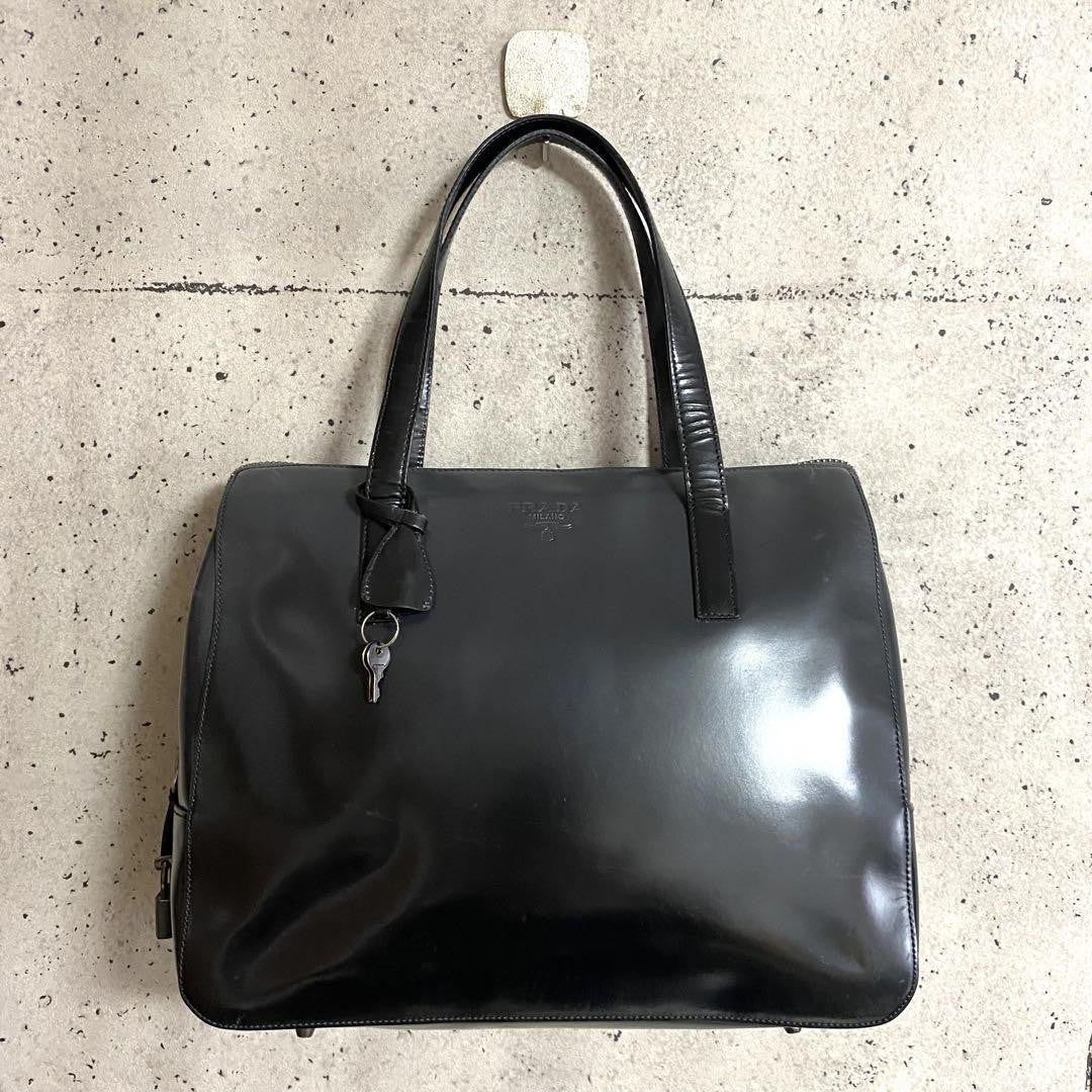 PRADA Hand Bag Tote Purse Mini Boston Patent Leather Black Authentic