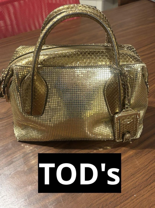 TOD'S Handbag Purse Gold Leather Charm Mini Boston Authentic Used Unisex