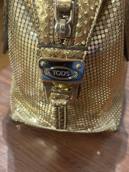 TOD'S Handbag Purse Gold Leather Charm Mini Boston Authentic Used Unisex